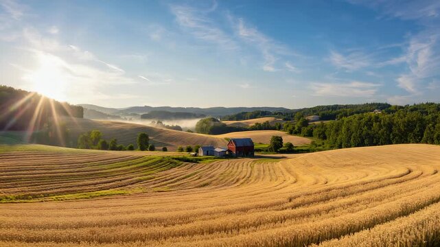 Golden Wheat Field Pattern with Farmhouse Landscape at Sunset, Rural Agricultural Scene, Countryside Vista.