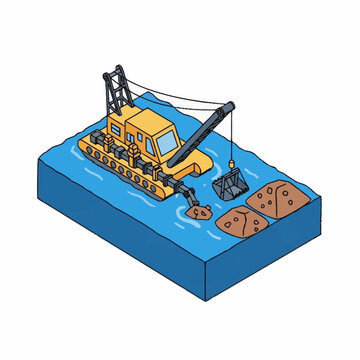 Dredging Operation with Crane and Excavator in Waterway.