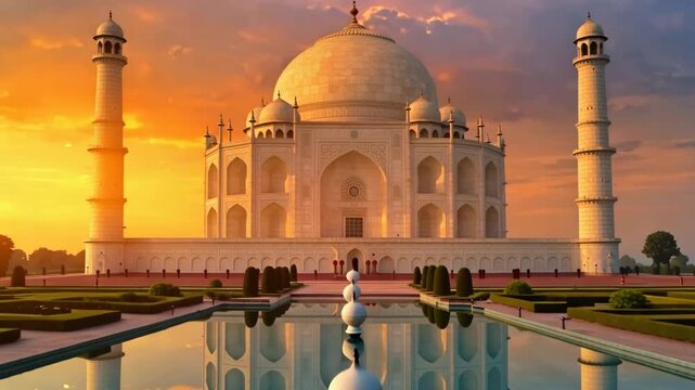 Majestic taj mahal at sunset in agra india with beautiful reflections on water features of mughal gardens