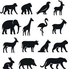 Obraz premium Black animal silhouettes vector set in flat minimalist style featuring wildlife icons in solid shapes for logos branding posters and design use