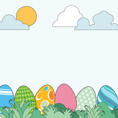 Easter background with eggs and clouds. Vector illustration in flat style
