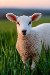 Obraz premium Sheep stands in grass with sunlight reflecting in its eyes at sunset