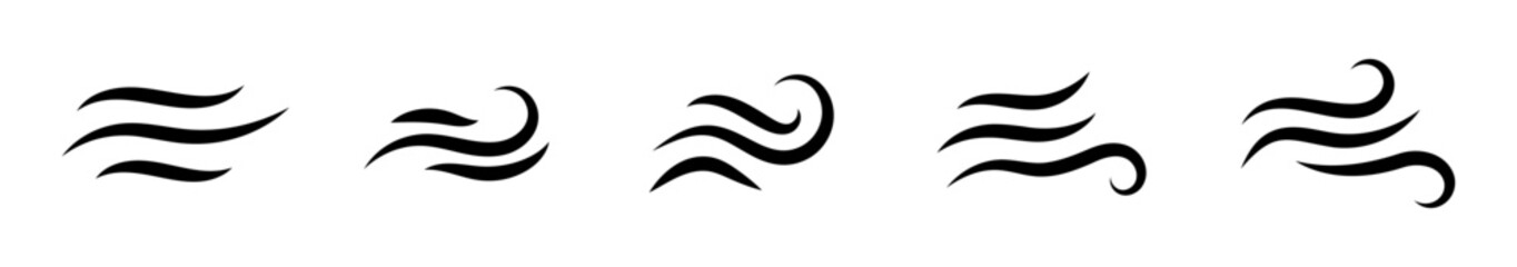 Naklejka premium Conjunto de iconos de líneas de viento. Movimiento de aire, corrientes dinámicas, efecto de velocidad, flujo atmosférico. Ilustración vectorial lineal