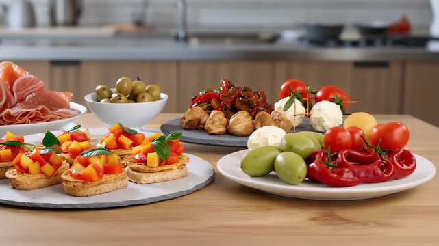 Appetizing antipasto assortment bruschetta jamon olives tomatoes and roasted garlic ready for serving on tabletop display
