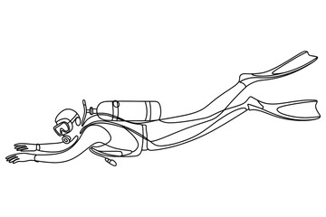A scuba diver in a minimalist line art illustration swimming underwater