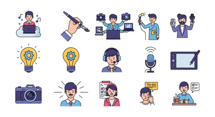 Collection of modern technology and business icons and illustrations.