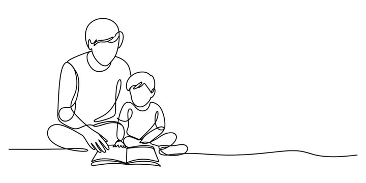 Continuous line drawing of a father and son sitting together reading a book Vector, illustration