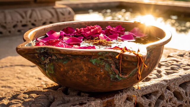 Terracotta Bowl Floating Pink Rose Petals and Flower Buds Warm Golden Hour Sunlight Reflected on Water Surface Outdoors