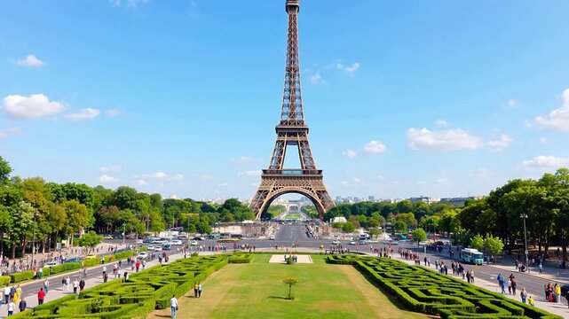 Romantic aerial view of Eiffel Tower at night in Paris, capturing glowing lights, iconic French landmark, charming cityscape and beautiful urban scenery under evening sky