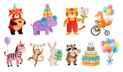Fototapeta premium Birthday fun animals set. Watercolor birthday zoo parade with gifts, cake and balloons: red panda, fox. Collection of Vector illustrations. Perfect for invitation, card, poster, banner, decoration