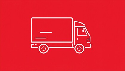 A simple outline of a delivery truck in white against a bright red background. The design is minimalistic