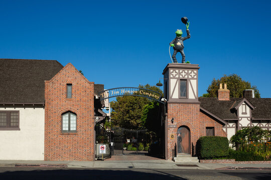 The entrance to The Jim Henson Company, featuring a statue of Kermit the Frog. Los Angeles, California &ndash; August 2020