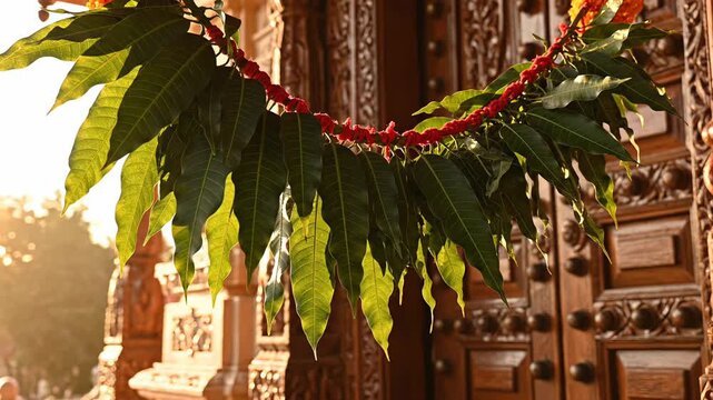 Traditional Indian Toran Decoration With Green Mango Leaves And Red Beads On Ornate Wooden Doorway At Sunset