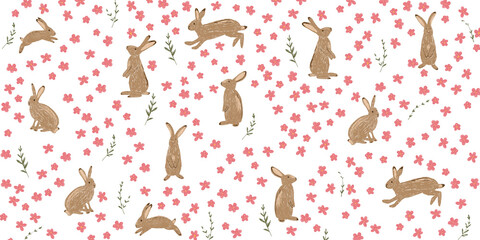 Seamless Pattern with Cute Rabbits and Pink Flowers