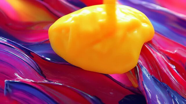 Abstract art with vibrant colors and a yellow object on top.