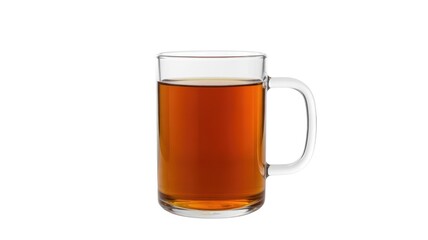 A simple clear glass mug filled with a dark amber liquid stands isolated on a white background.