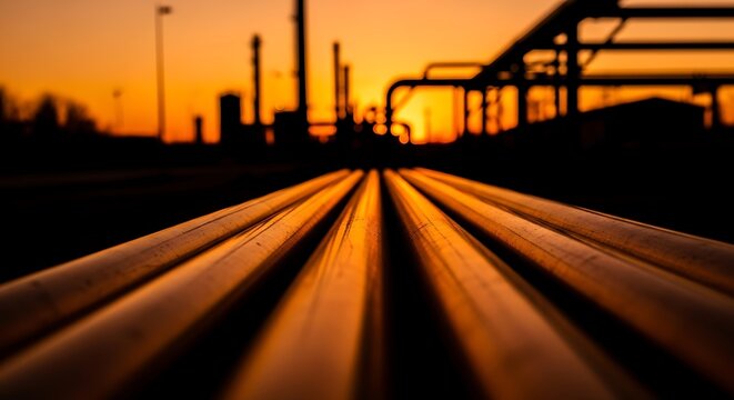 Metal pipes stretch toward an industrial complex silhouetted against a vibrant sunset