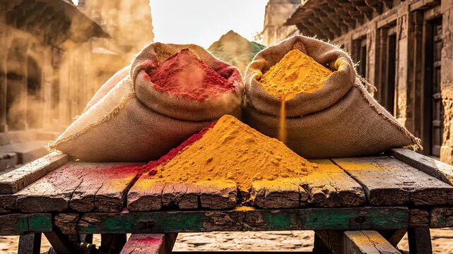 Vibrant Holi Powders In Sacks On Wooden Cart In Ancient Indian Village Warm Sunlight