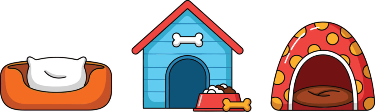 Pet shelter and accessories set with dog house bed cushion and indoor kennel flat vector illustration