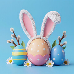 Fototapeta premium biomechanical, easter tree with colorful eggs and flowers, featuring a cute bunny creating a festive spring celebration scene