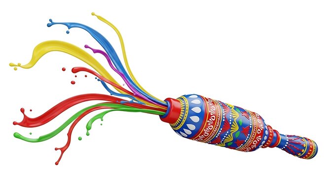 Colorful Holi Pichkari with Liquid Paint Splashes, Traditional Indian Festival of Colors 3D Illustration