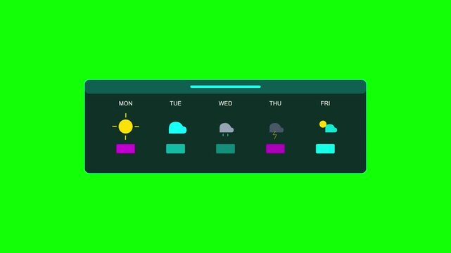 Animated weather forecast widget displaying five days of predictions with sun, clouds, rain, and storm icons. Created in a flat, minimalist style with a dark interface and vibrant accent colors