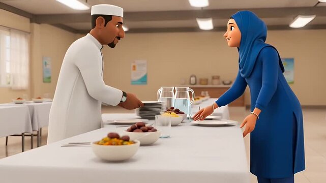 Muslim Couple Serving Food in Community Hall, Ramadan Iftar Meal Preparation