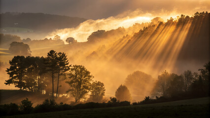 Warm sunrise light rays angled sharply downward, textured mist clusters, floating pollen particles visible in beam, dramatic golden haze, dark surrounding shadows.

