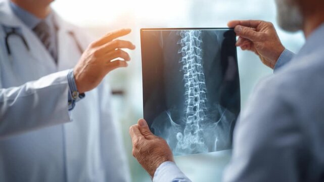 Medical Collaboration: A close-up shot of two medical professionals, one pointing at the illuminated X-ray image of the human spine while discussing with each other for diagnosis and care. 