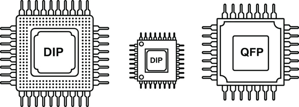 Vector illustration of integrated circuit chip packages including DIP and QFP types for electronics engineering, semiconductor technology, and hardware design concepts.