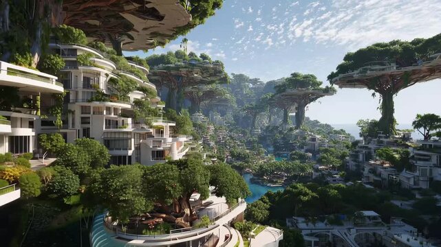 Futuristic city design featuring lush greenery intertwined with modern architecture in a vibrant landscape under clear skies
