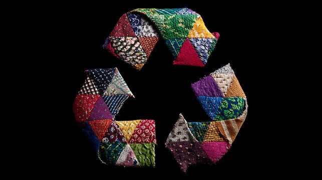 Awesome photo of recycling symbol made from colorful patchwork fabric textiles isolated on black background.
