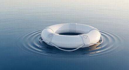 A white life preserver floats serenely on calm blue water creating gentle circular ripples high quality professional detailed modern elegant stylish clean crisp vibrant colorful digital