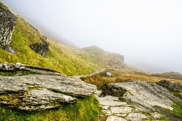 Pyg Track over Llyn Llydaw lake, Pen-y-Pass, mountain pass, Snowdonia, Gwynedd, north-west Wales, UK