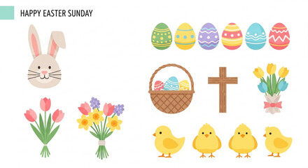 Easter sunday illustration with bunny eggs basket chicks cross and flowers for holiday greeting cards
