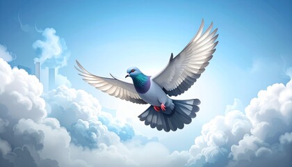 Obraz premium Majestic pigeon soaring through fluffy white clouds in bright blue sky