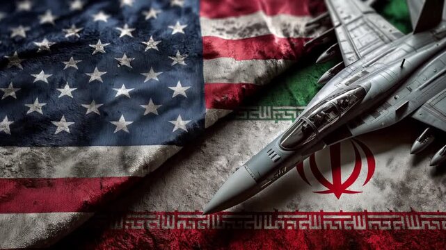usa and iran conflict situation. us american flag and iranian flag with military jet on iranian side