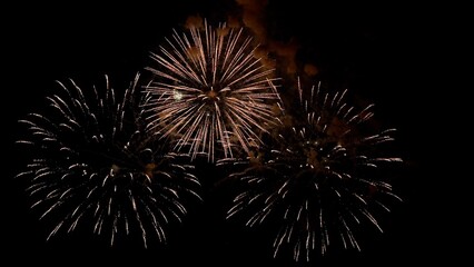 Obraz premium nighttime fireworks display, elegant fireworks burst over peaceful shoreline during calm evening hours, golden and bronze fireworks create balanced luminous shells above serene nighttime shoreline