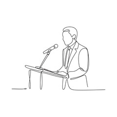 Continuous line drawing of a man giving a speech at a podium