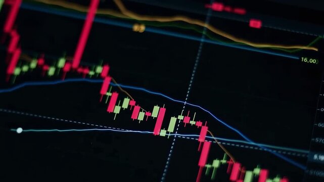Dynamic financial market chart with red and green candlesticks showing cryptocurrency or stock price movements, trend lines, and real-time numerical data on a dark digital screen, illustrating investm