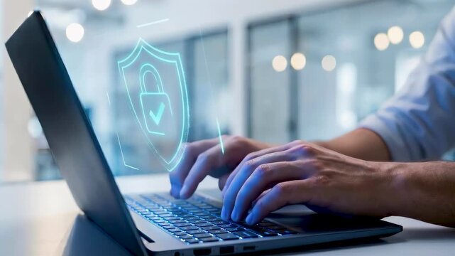 Businessperson laptop computer cybersecurity data protection secure access encrypted network connection system padlock icon shield firewall privacy technology solution software management office