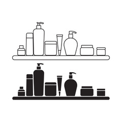 Black and white illustration of skincare products arranged on shelves