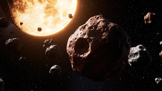 Panoramic view of a dense asteroid belt orbiting a massive burning star in deep space. Science fiction concept for astronomy, cosmic exploration, and futuristic themes