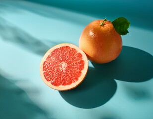 sunlit fresh grapefruit with bold shadows in a creative food display on a blue pastel background featuring slices of citrus fruits grapefruit