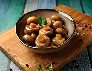 delicious marinated mushrooms displayed in a bowl on a wooden board perfect for snacking or adding to any meal