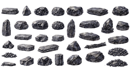 A charming watercolor collection of dark stone formations, including layered slabs, jagged boulders, sharp crystal-like rocks, and scattered gravel piles. © liana