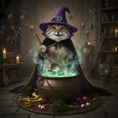 manul wearing a pointed hat and witch's cloak, standing on its hind paws in front of a large cauldron. Ingredients for a potion are arranged around the cauldron: bones, herbs, mushrooms, dried eyes