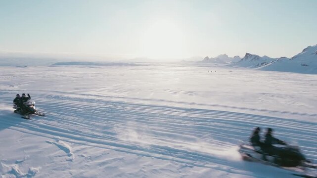 People on snowmobiles on langj&ouml;kull glacier in iceland