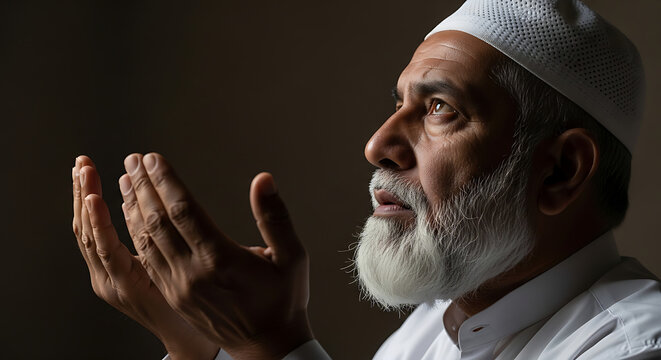 Elderly Muslim Man Praying with Hands Raised in Devotion.