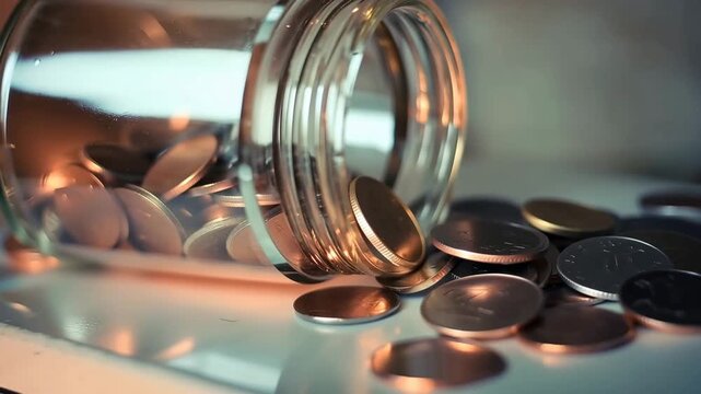 Close-up of metallic Indian Rupee coins spilling out of a clear glass jar, scattering on a white surface, symbolizing financial savings, investment, and economic growth.